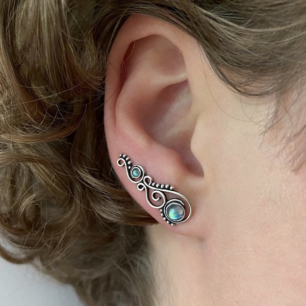 earclimber earring spiral with stones and dots, labradorite