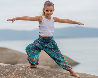 Pantaloni harem con fantasia arancione turchese per bambini, pantaloni per bambini, pantaloni ariosi per bambini