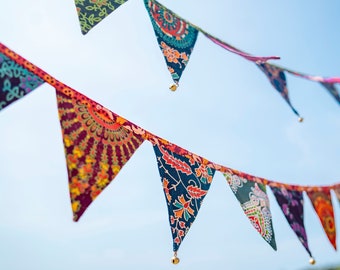 colourful bunting /Patchwork style garland with brass bells