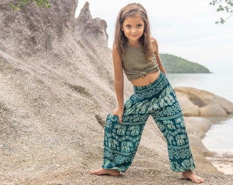 Sarouel turquoise avec éléphants pour enfants, pantalons enfants, pantalons d'été aérés pour enfants, pantalons éléphants