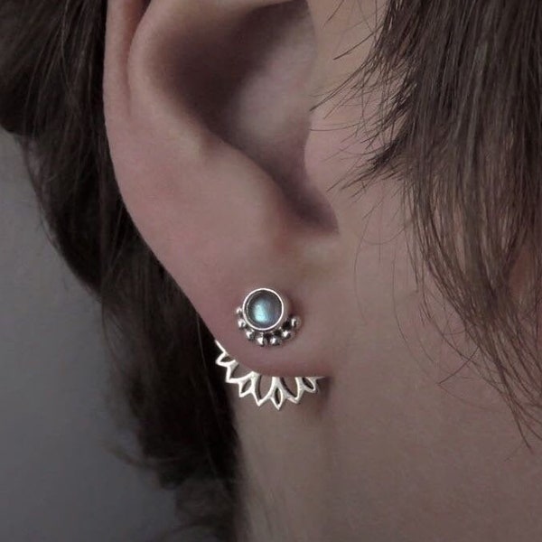 front back earpins, ear jacket, silver, labradorite stone