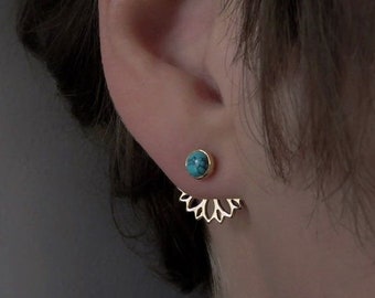 front back earpins, ear jacket, brass, turquoise stone