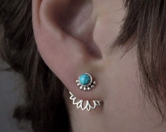 front back earpins, ear jacket, silver, turquoise stone