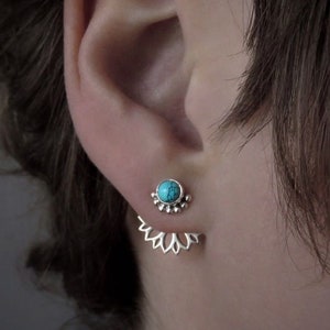 front back earpins, ear jacket, silver, turquoise stone