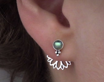 front back earpins with 3 dots, ear jacket, silver, labradorite stone