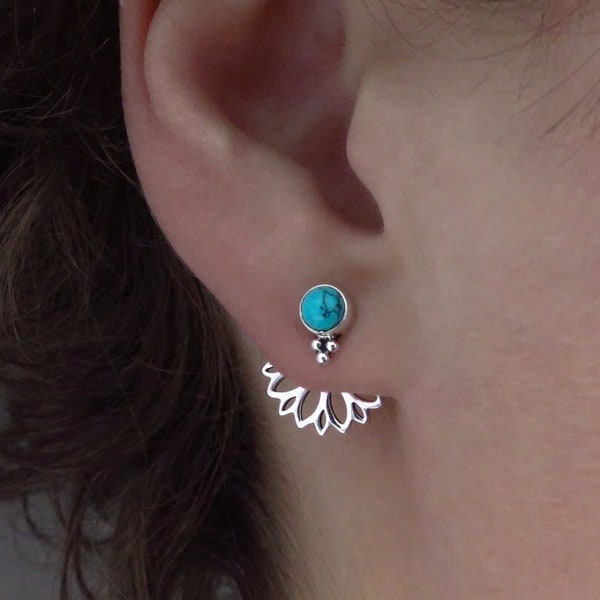 front back earpins with 3 dots, ear jacket, silver, turquoise stone