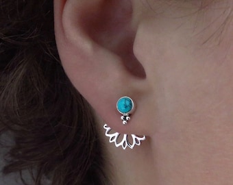 front back earpins with 3 dots, ear jacket, silver, turquoise stone