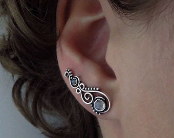 earclimber earring spiral with stones and dots, rainbow moonstone