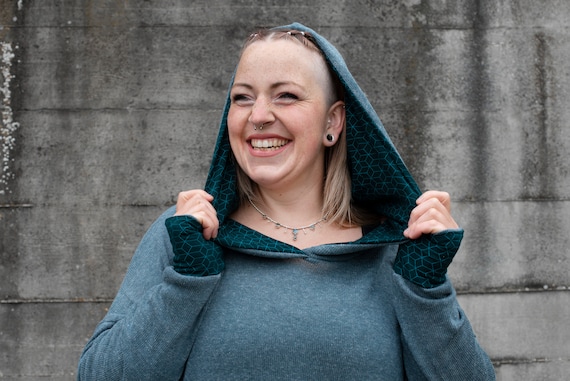 PLUS SIZE, Long Knit Hoodie With Thumbholes in Blue 