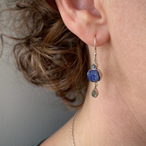 silver earrings with raw stone, rainbow moonstone, lapis lazuli, rainbow moonstone image 2