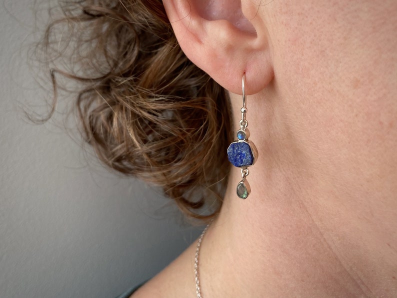 silver earrings with raw stone, rainbow moonstone, lapis lazuli, rainbow moonstone image 2