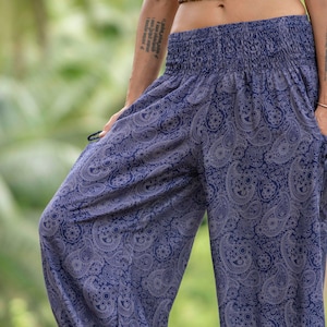 comfy pants with detailed paisley pattern in blue image 5