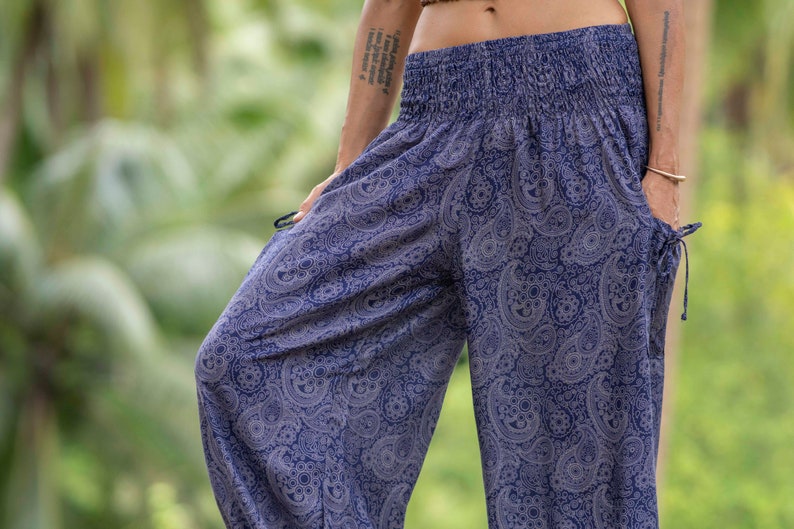 comfy pants with detailed paisley pattern in blue image 5