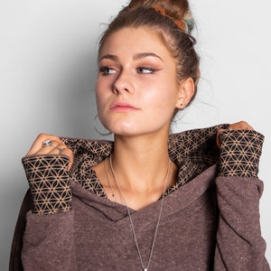 long knit hoodie with thumbholes in brown image 5