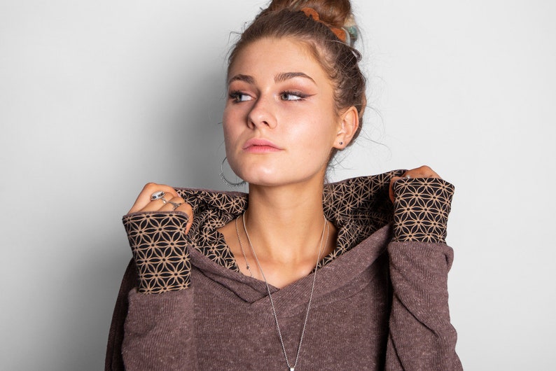 long knit hoodie with thumbholes in brown image 5