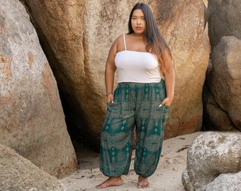 PLUS SIZE luftige Pluderhose mit filigranem Muster in türkis mit Taschen, XXL, große Größe