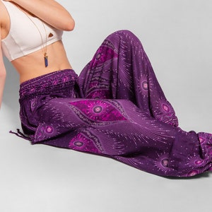 pants with peacock pattern in purple image 7