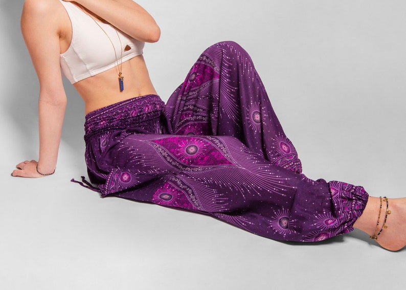 pants with peacock pattern in purple image 7