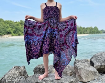 luftiges Elfenkleid für Kinder, rosa lila gemustertes Sommerkleid im Boho Look für Mädchen, Fransenkleid