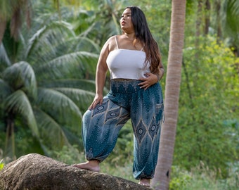 PLUS SIZE luftige Pluderhose mit Pfauenmuster in türkis mit Taschen, XXL, große Größe