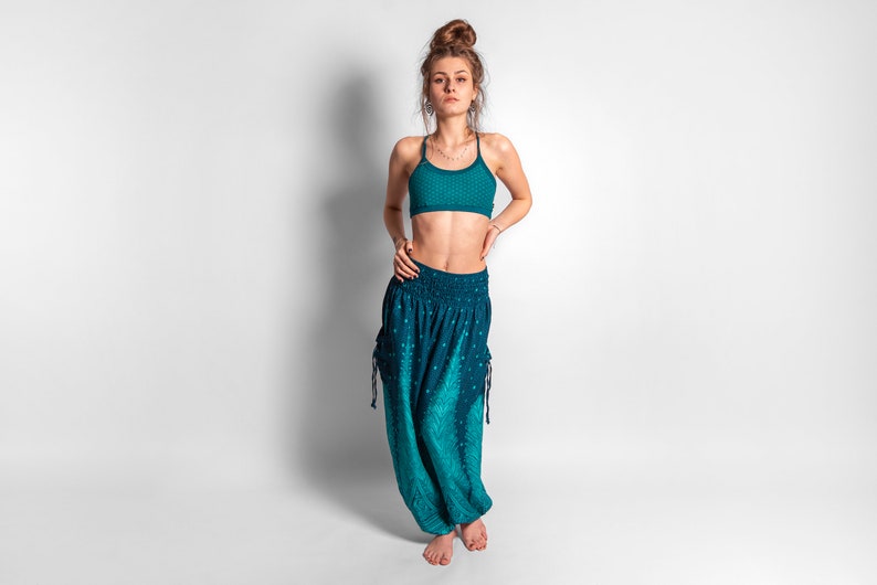 yoga top with detailed back design and flower of life print in turquoise/white image 5