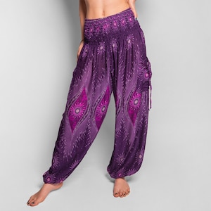 pants with peacock pattern in purple image 5