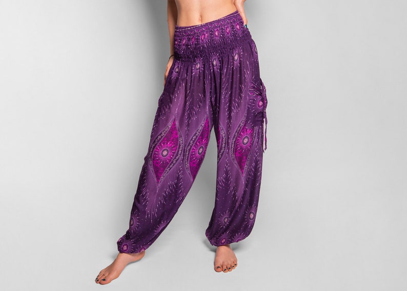pants with peacock pattern in purple image 5