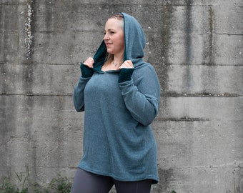 PLUS SIZE, long knit hoodie with thumbholes in blue