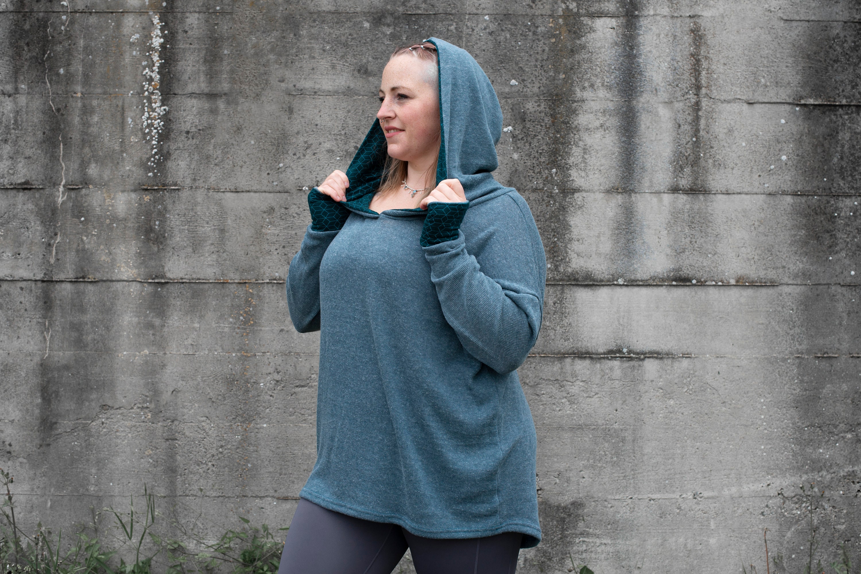 PLUS SIZE, Long Knit Hoodie With Thumbholes in Blue 