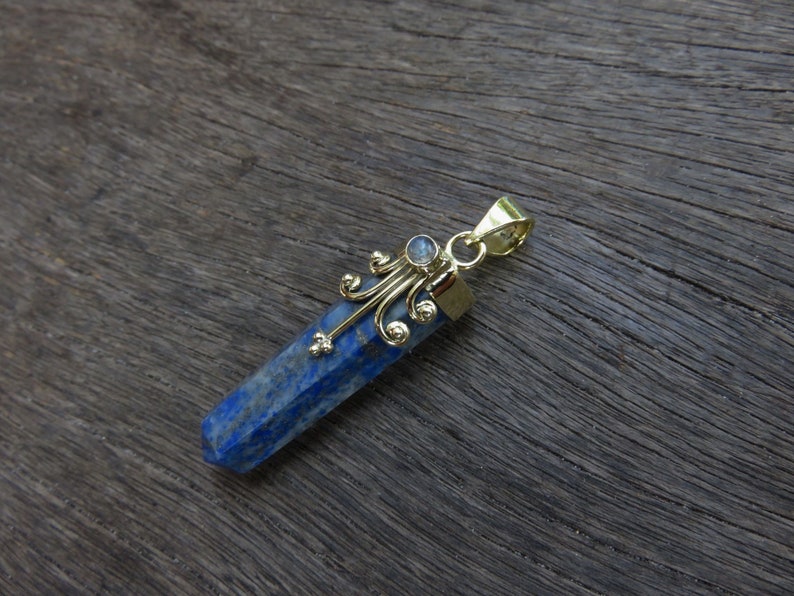 lapislazuli crystal pendant dots and small moonstone brass spirals