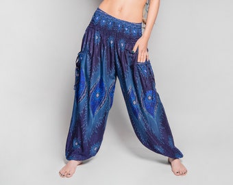 pants with peacock pattern in dark blue