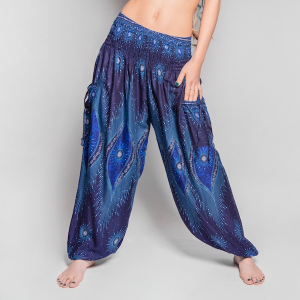 pants with peacock pattern in dark blue