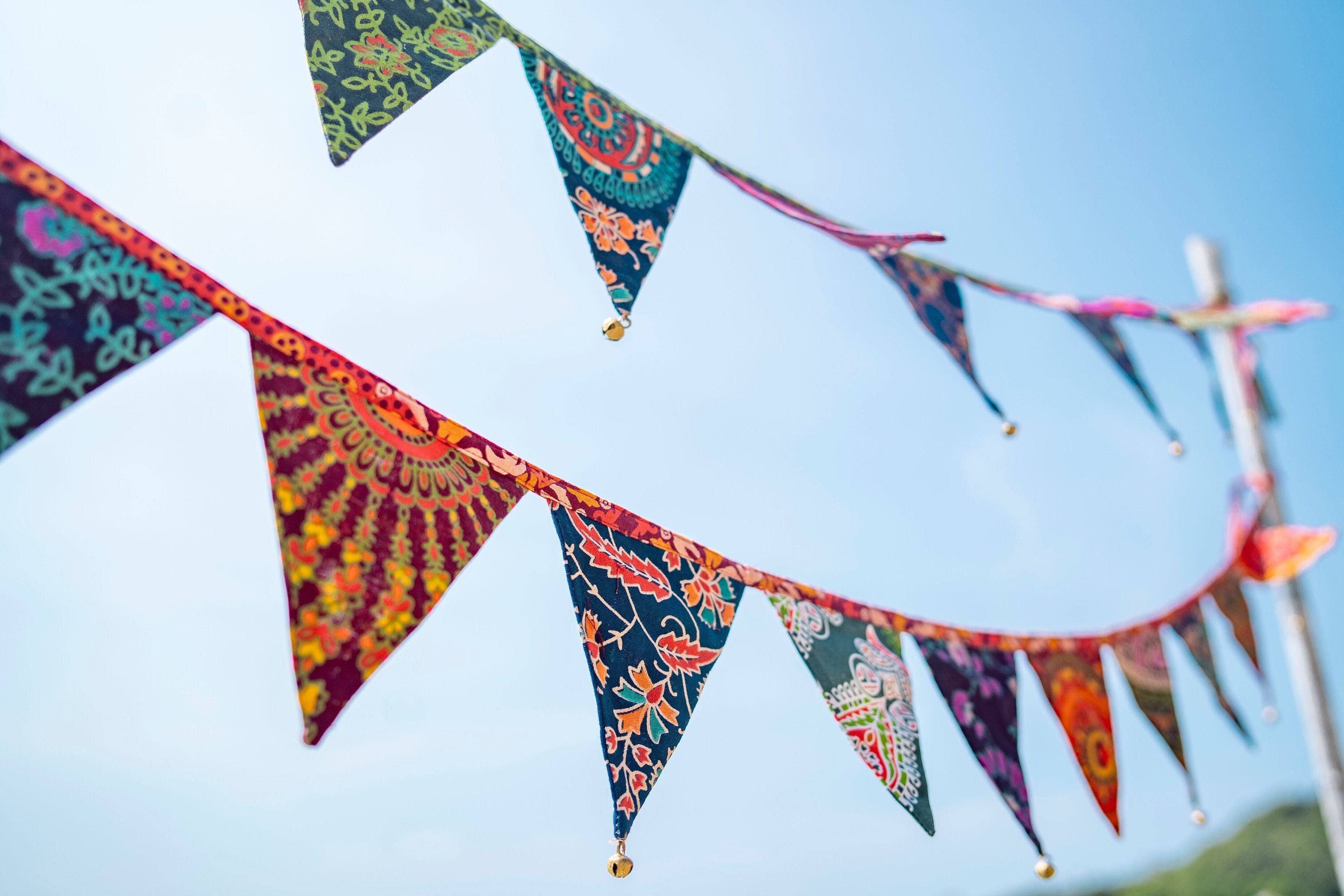 colourful bunting /Patchwork style garland with brass bells