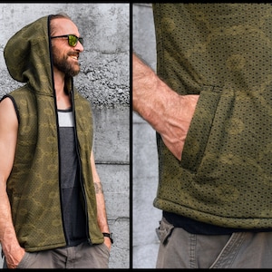 lined men&#39;s hooded vest in olive green/ black, geometric pattern, hoodie vest