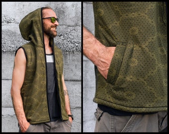 lined men's hooded vest in olive green/black, geometric pattern, hoodie vest