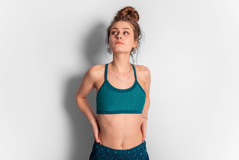 yoga top with detailed back design and flower of life print in turquoise/white image 6