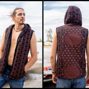 lined men&#39;s hooded vest in black/rust red, flower of life pattern, hoodie vest