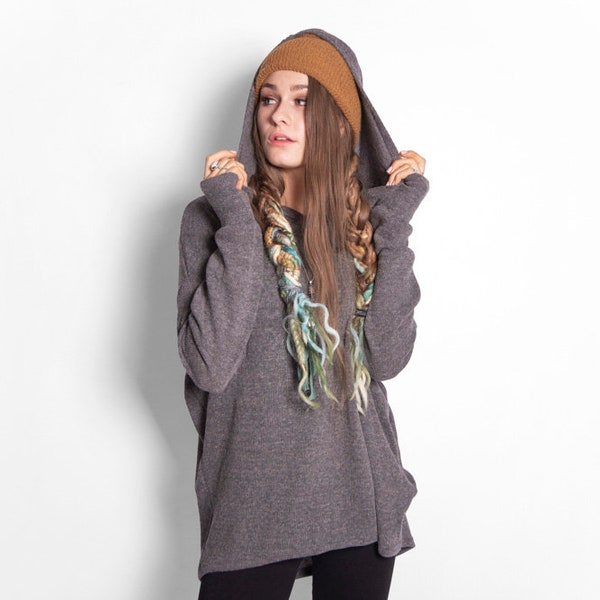 long knit hoodie with thumbholes in grey