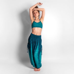 yoga top with detailed back design and flower of life print in turquoise/white image 3