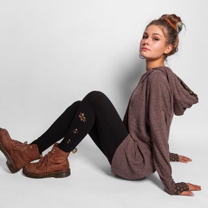 long knit hoodie with thumbholes in brown image 4