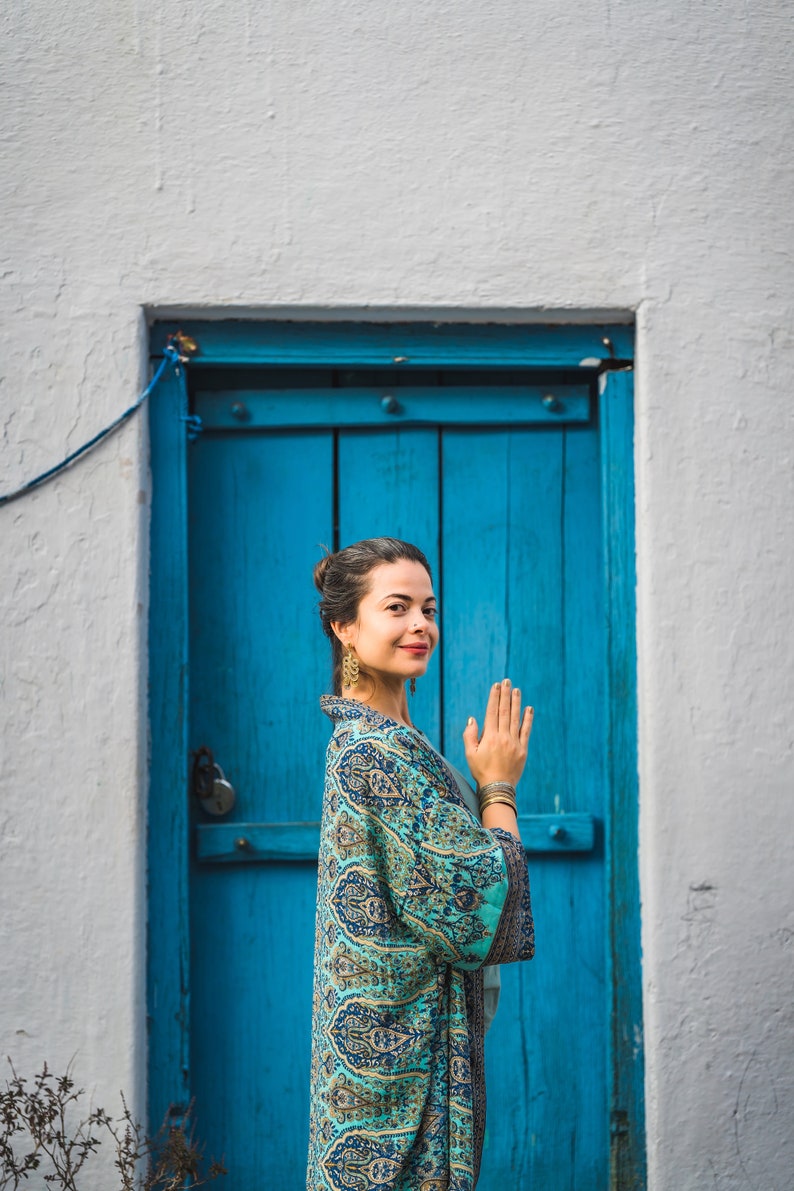 blau gemusterter Kimono, Bluse, Überwurf, leichte Jacke zdjęcie 3