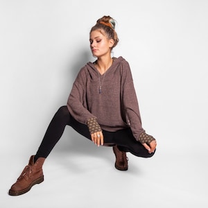 long knit hoodie with thumbholes in brown image 2