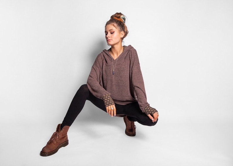 long knit hoodie with thumbholes in brown image 2