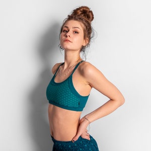 yoga top with detailed back design and flower of life print in turquoise/white image 7