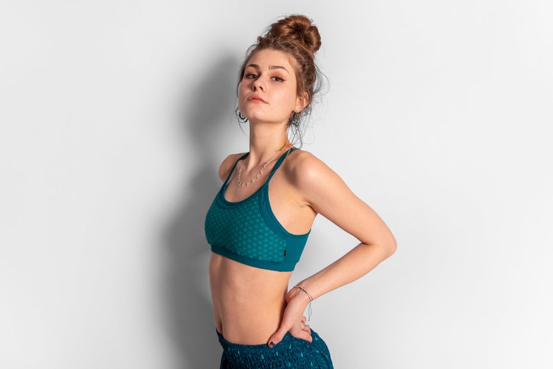 yoga top with detailed back design and flower of life print in turquoise/white image 7