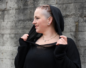 PLUS SIZE, long knit hoodie with thumbholes in black