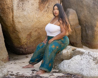 PLUS SIZE luchtige harembroek met pauwenpatroon in turquoise oranje met zakken, XXL, grote maat