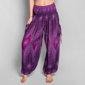 pants with peacock pattern in purple image 6