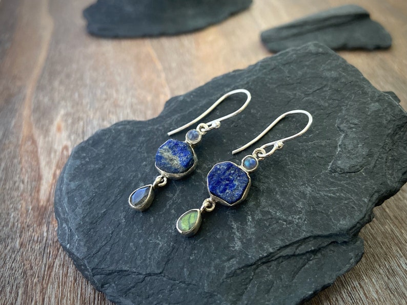 silver earrings with raw stone, rainbow moonstone, lapis lazuli, rainbow moonstone image 1