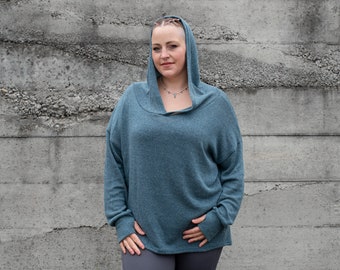 PLUS SIZE, long knit hoodie with thumbholes in blue